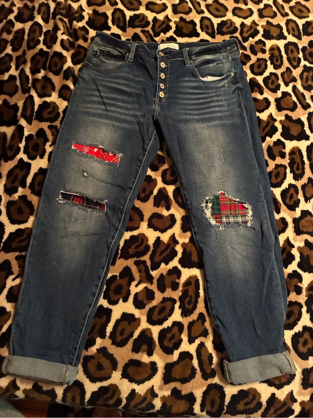 KanCan Blue Distressed Boyfriend Jeans with Red Plaid Patches